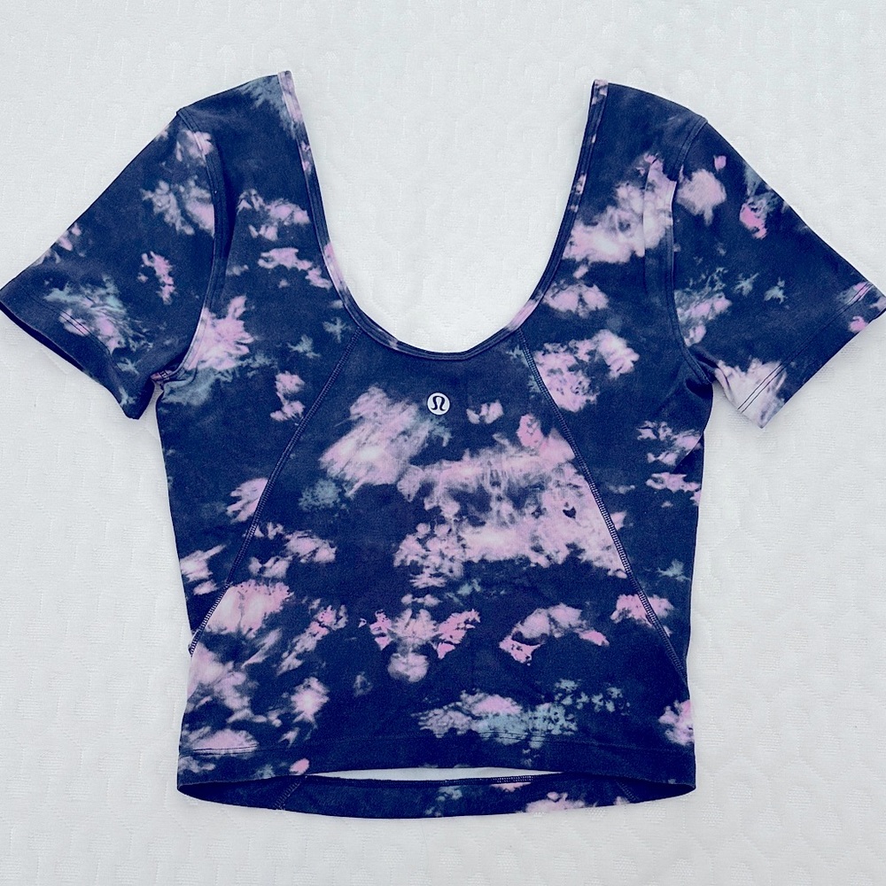 Lululemon Cropped Align Tee Size XS 4 Navy Blue Pink Marble Tie Dye Crop Shirt - Picture 3 of 3